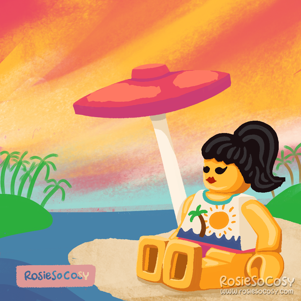 An illustration of a Paradisa LEGO minifig sitting on the beach underneath a pink parasol. There's a sunset in the distance visible, as well as green islands with green palm trees. The beach is surrounded by a blue sea. The Paradisa minifig has a white tank top with a tropical print with sun, sea and a palm tree. She has a black ponytail and black eyes, and a red mouth.