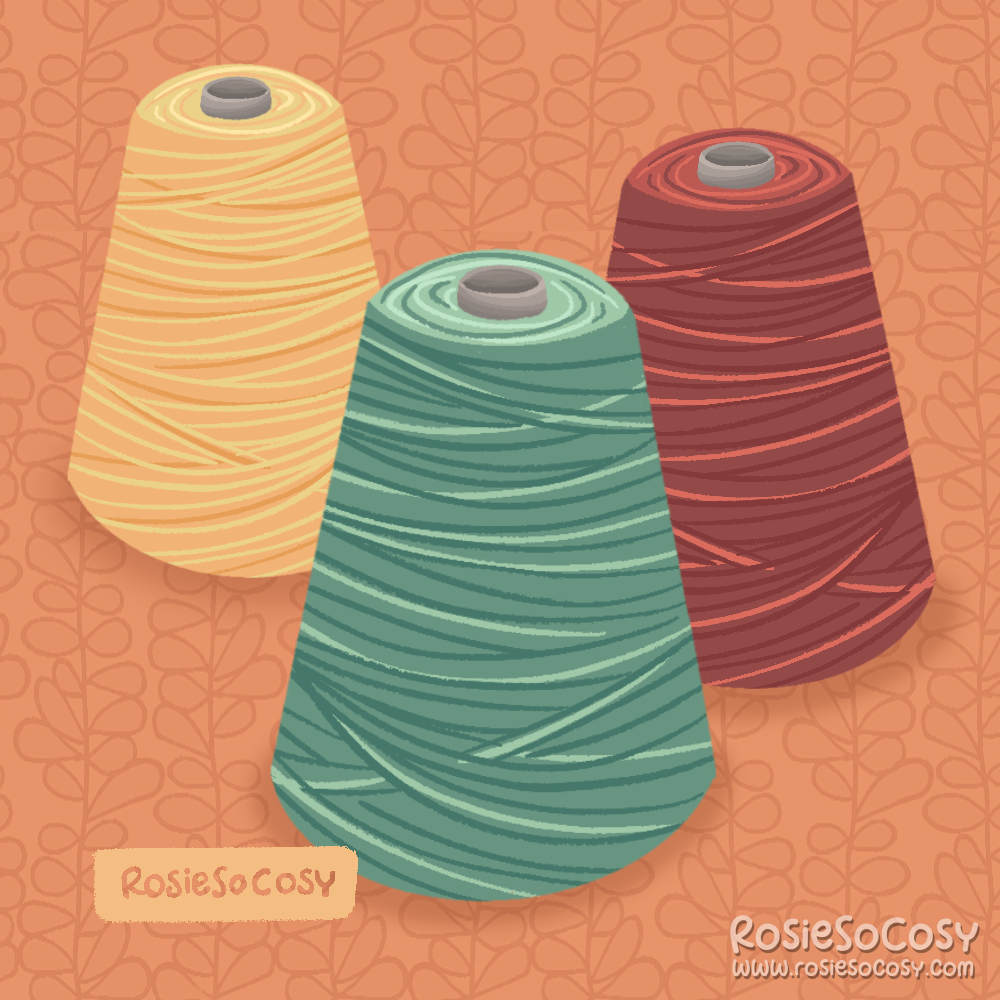 Illustration of three large spools of thread. A yellow one, a blue green one and a dark red one.