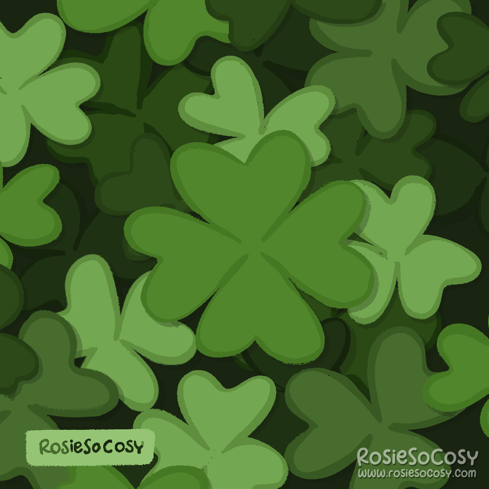 An illustration of green clover leafs, one big four leaf clover in the middle.