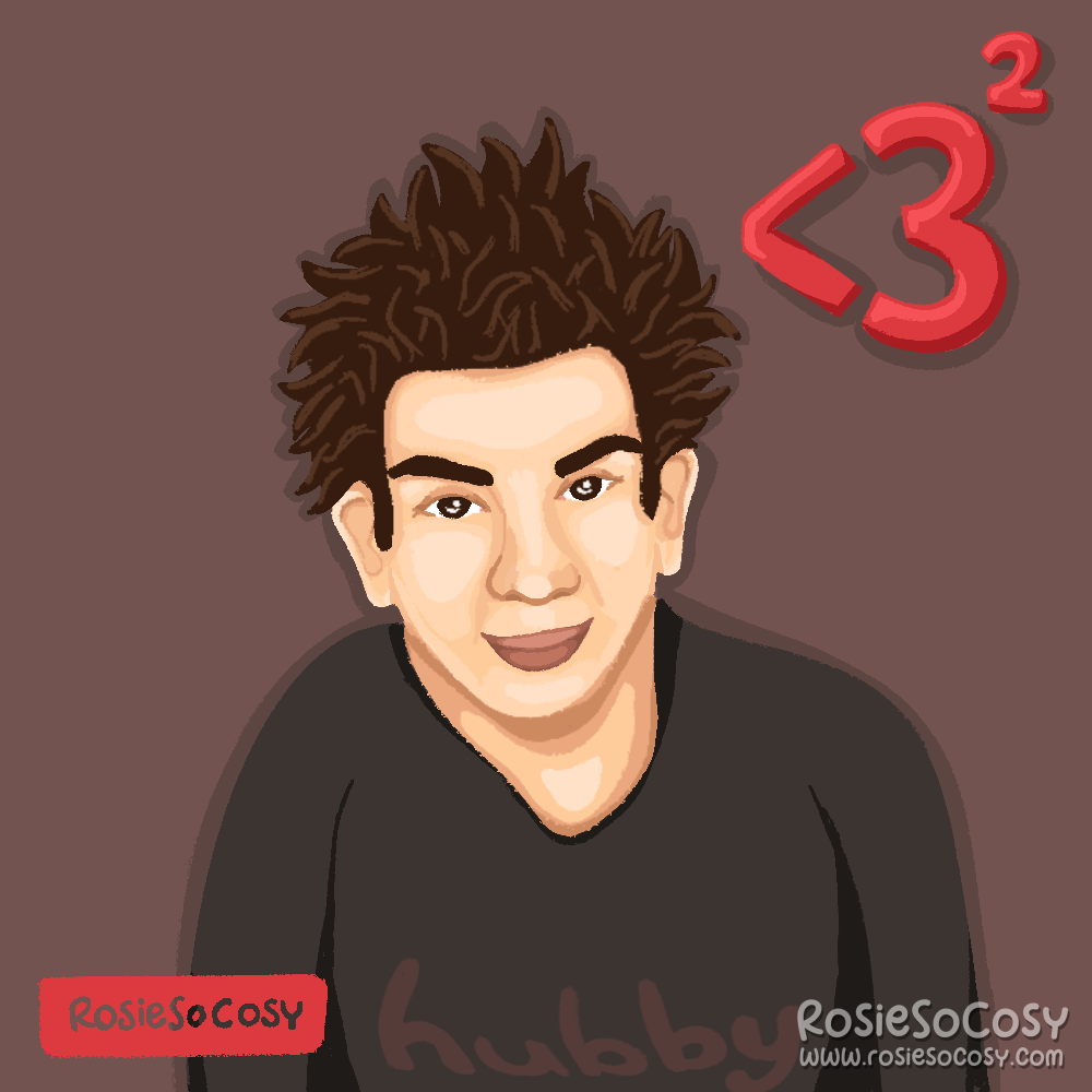 Illustration of hubby with dark brown hair, brown eyes, fair skin and a dark grey/black long sleeved shirt. In the top right corner is a smaller than character, followed by 3 and a superscript 2. 