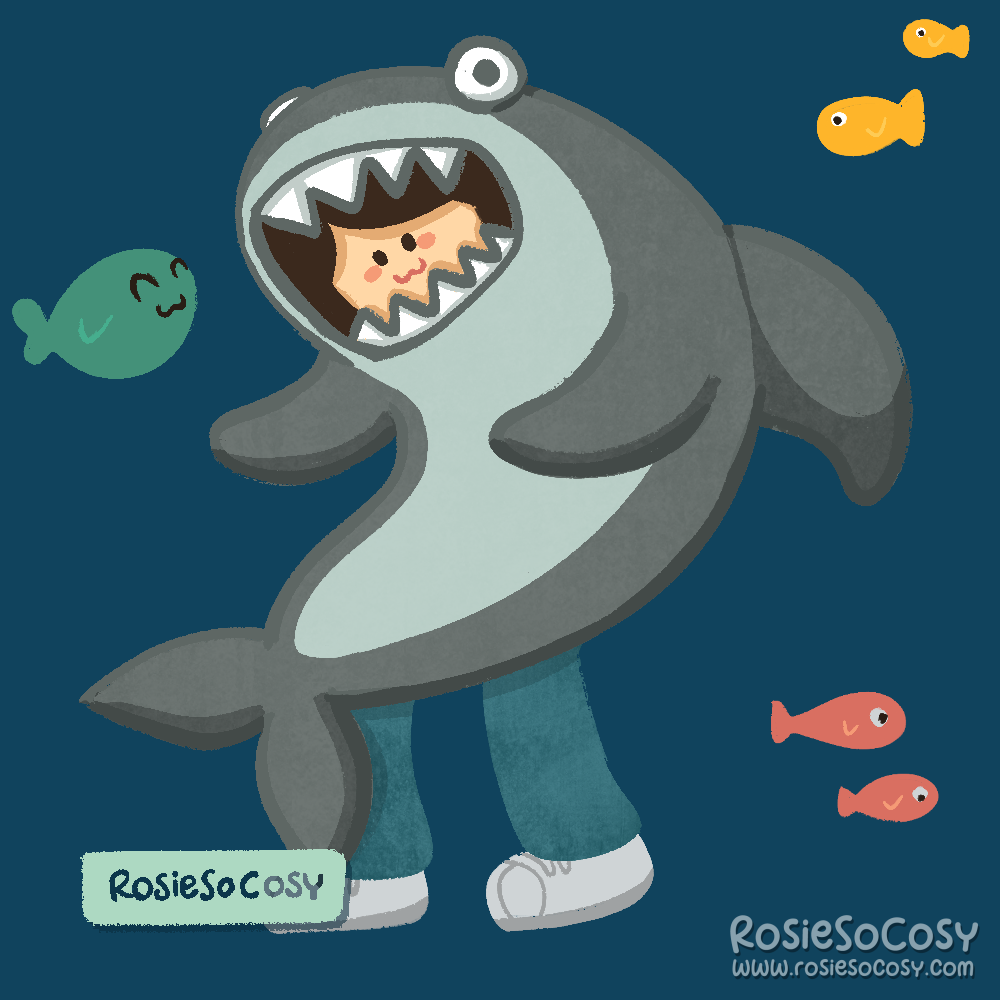 An illustration of a dressed up kid. They are wearing a shark costume, blue jeans and white sneakers. The kid seems to be surrounded by actual fish. Most are swimming by, but kne fish is smiling at the child.