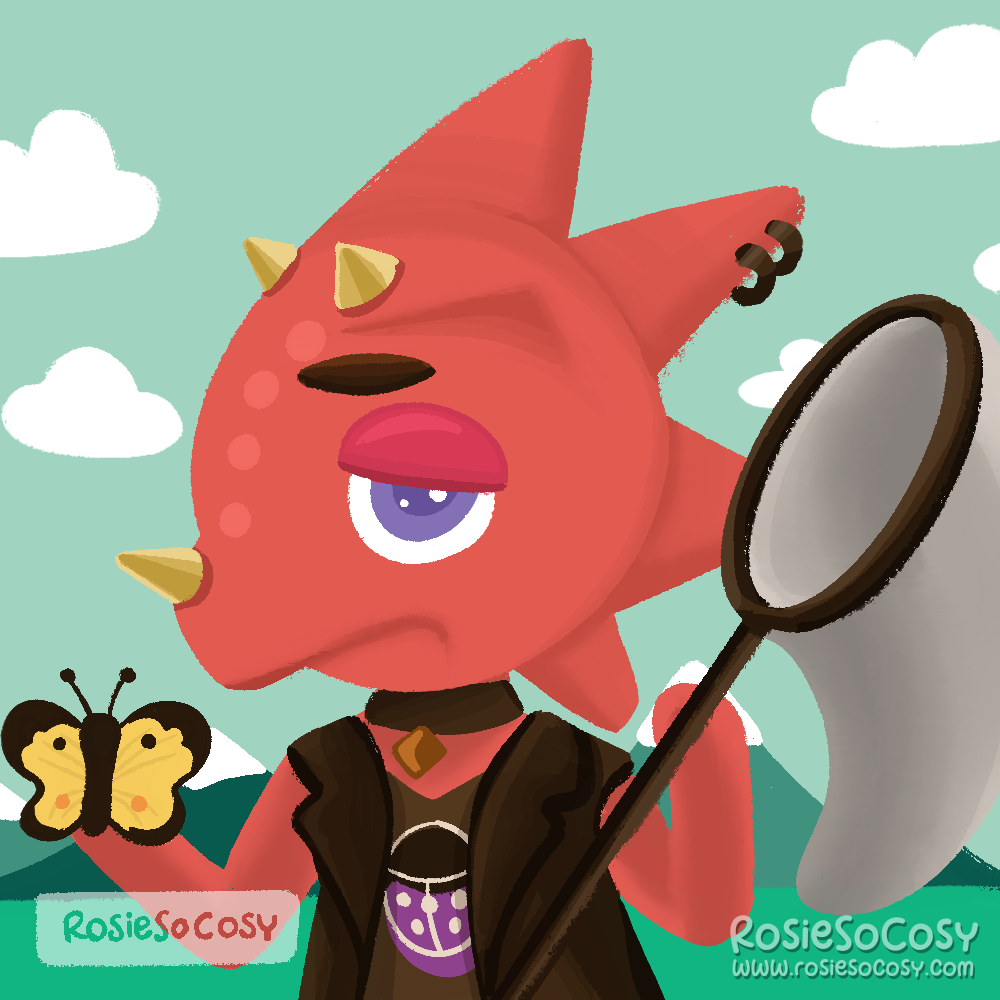 An illustration of Flick, a character from Animal Crossing. Flick is a red chameleon and has yellow horns. He has purple eyes, wears black emo/gothic clothing and is carrying a net.In his right hand he has a yellow butterfly.