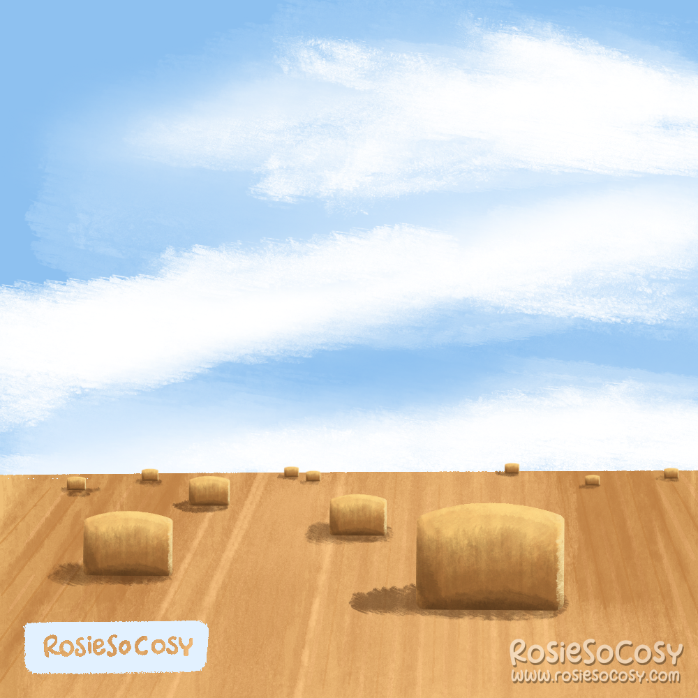 An illustration of a field with hay bales. Blue sky with white clouds.