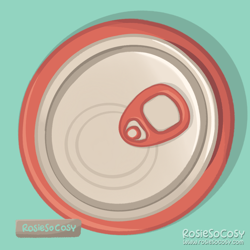 Illustration of a red soda can, as seen in a top down position. 