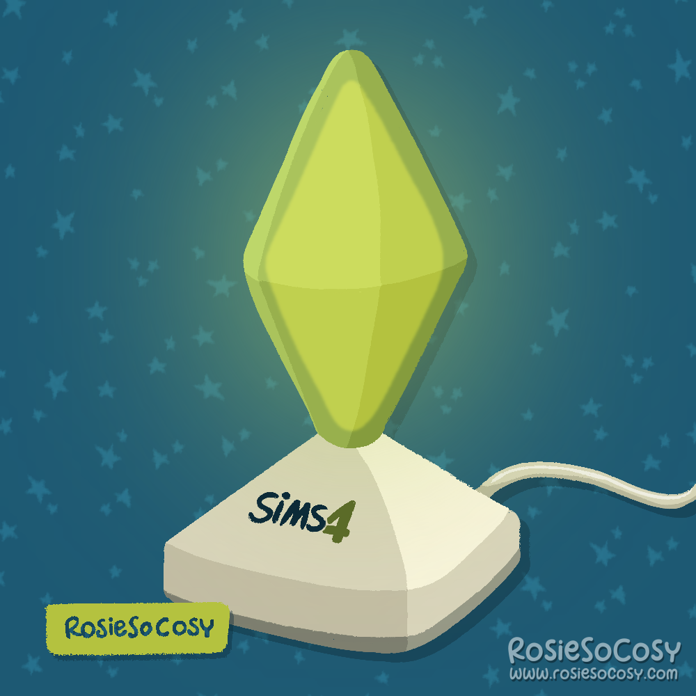 An illustration of a plumbob light from The Sims 4 Collector's Edition. The light part is green, the base is white with a dark blue Sims 4 logo on it.