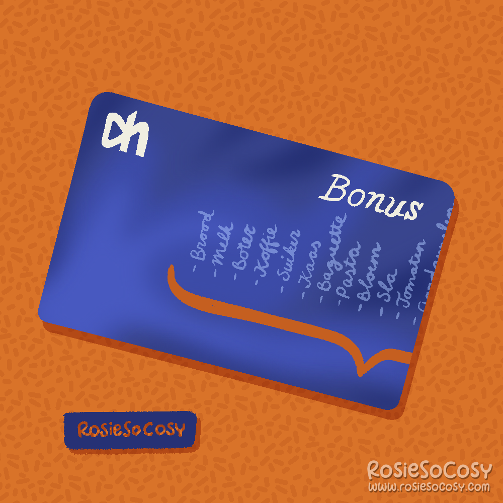 An illustration of an old AH Bonuskaart (Albert Heijn Bonus Card). It's dark blue with orange and white accents on it.