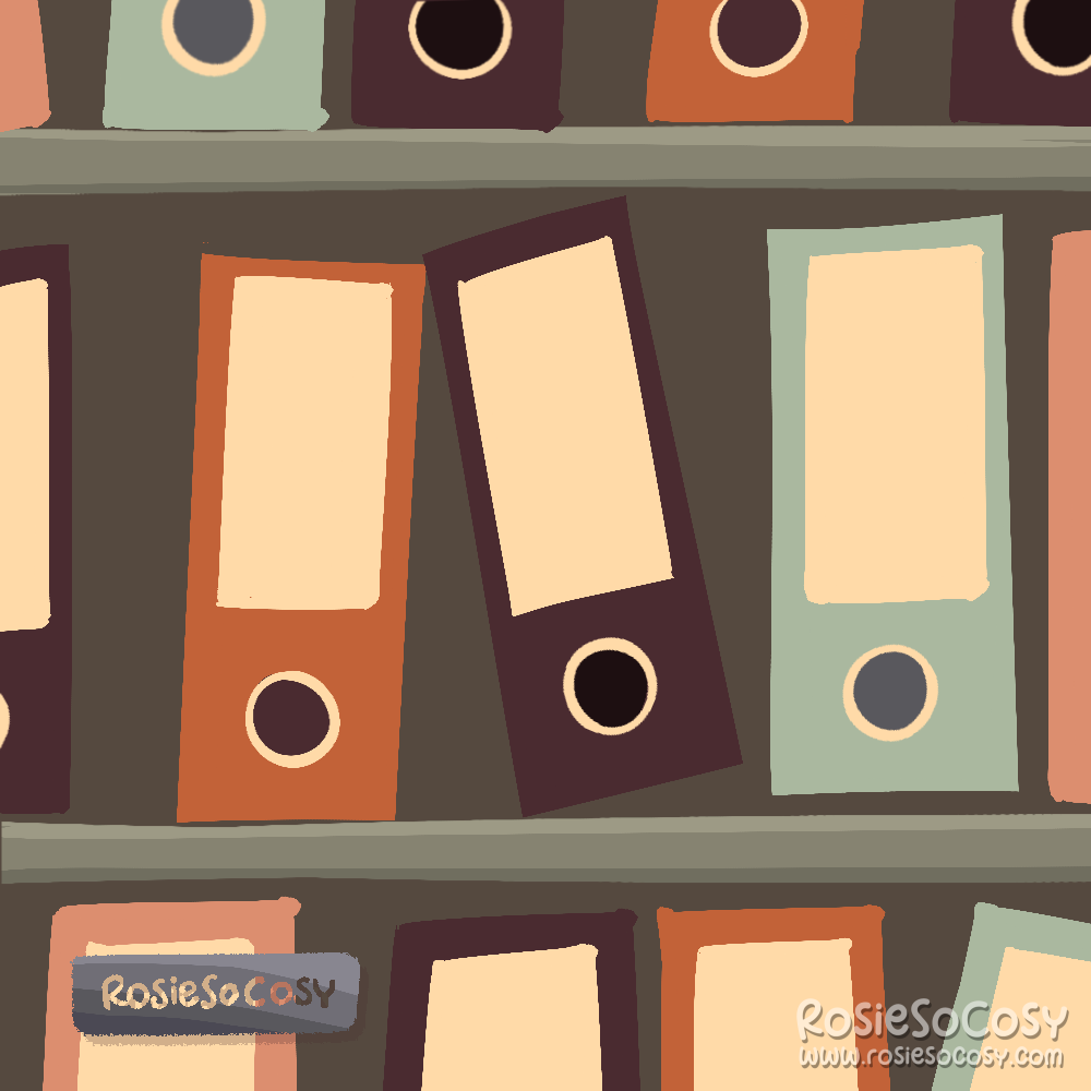 An illustration of a file cabinet with big binders in various colours.