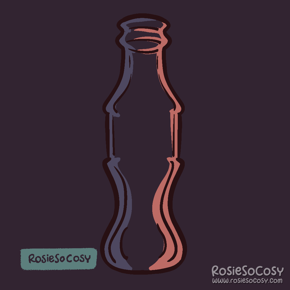 An illustration of a Coca Cola bottle. You can only see the outline and some shadows/highlights.
