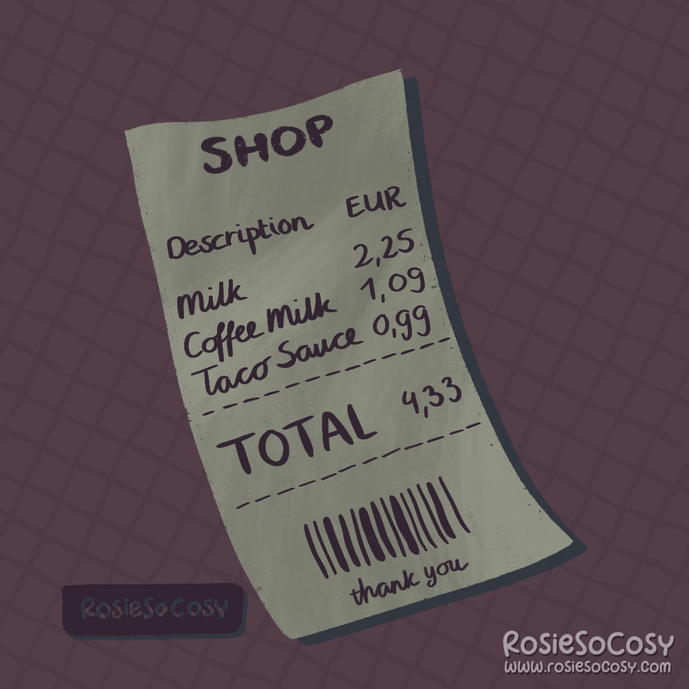 An illustration of a paper receipt from a supermarket. At the top it says "SHOP" and below there are several groceries listed such as Milk, Coffee Milk and Taco Sauce. The total is €4,33. At the bottom it says "thank you"