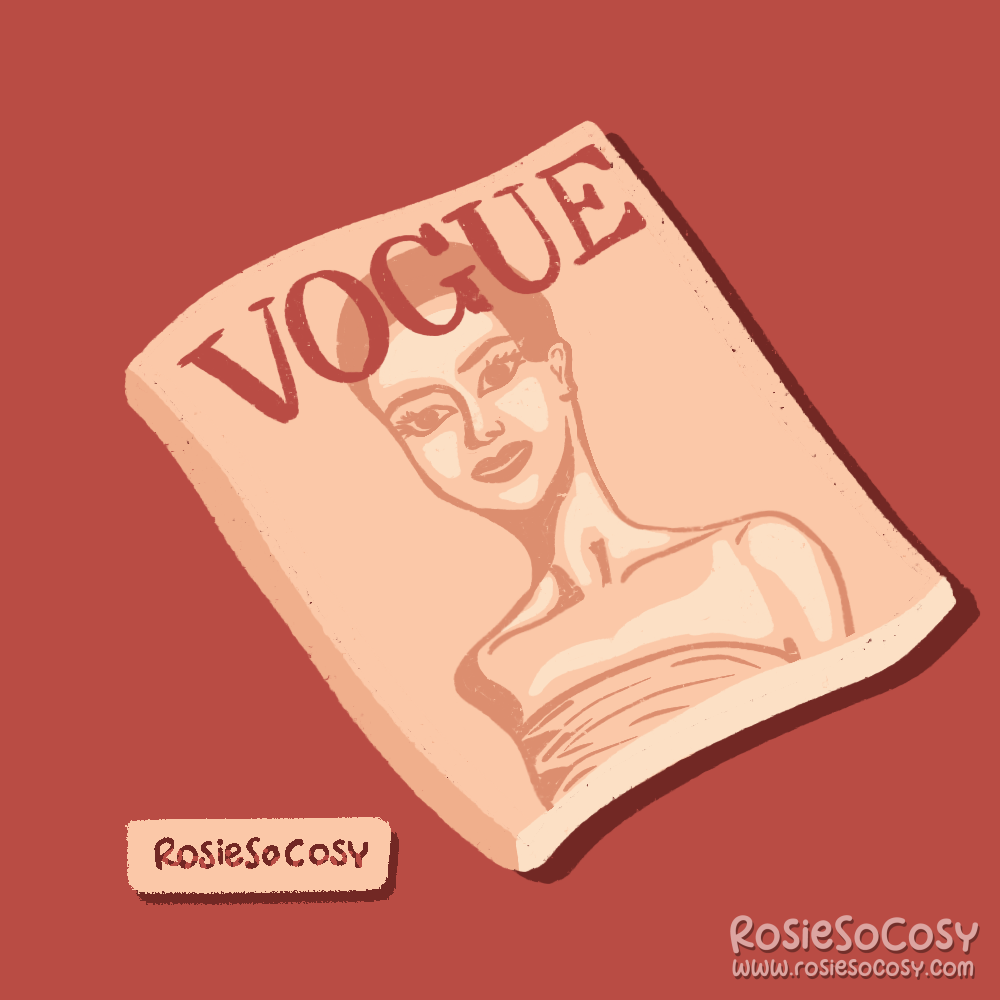 An illustration of VOGUE Magazine. On the cover there's a skinny woman. It's supposed to be Audrey Hepburn, but the lady in the illustration doesn't look much like the actress.