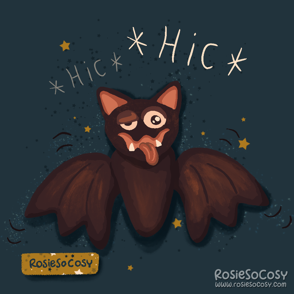 An illustration of a dark brown bat who appears to be drunk.