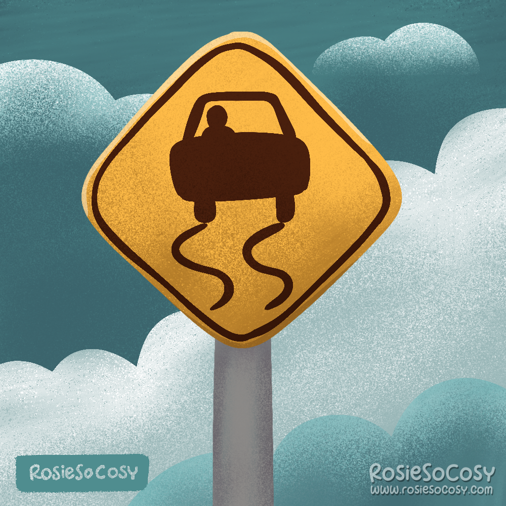 An illustration of an American yellow road/traffic sign or a swerving car.