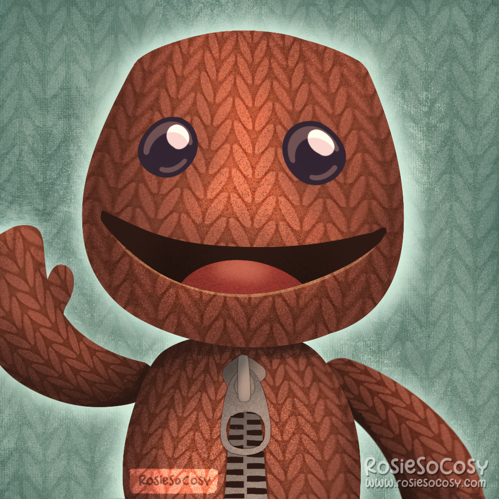 Illustration of Sackboy, a knitted plush character from the Little Big Planet video game series, as well as the Sackboy: A Big Adventure video game.