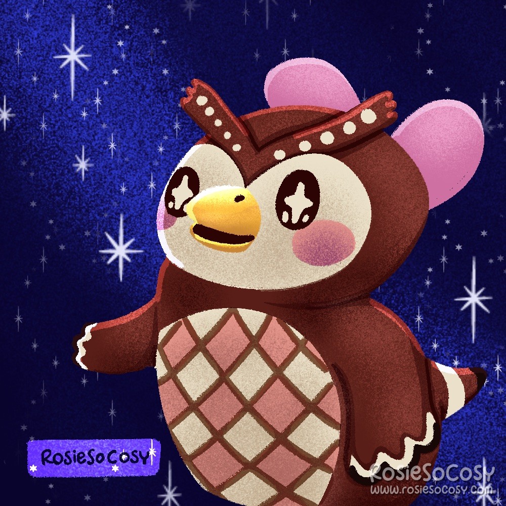 An illustration of Celeste, the red, pink and white owl, little sister of Blathers. Celeste is looking up at the sky and when you talk to her she’ll say Hootie Toot, before handing you a new celestial DIY or a star fragment.