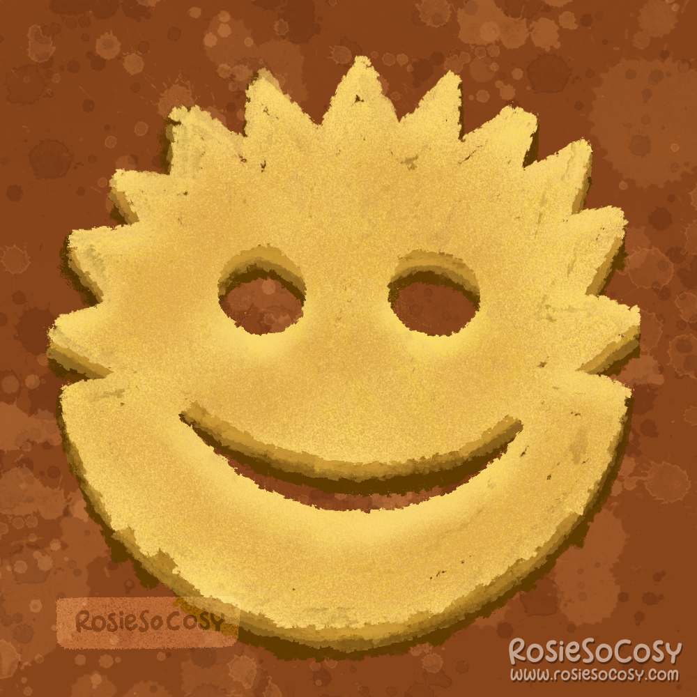 An illustration of a Scrub Daddy sponge/cleaning product. It's a yellow sponge with spikey hair and a smile.