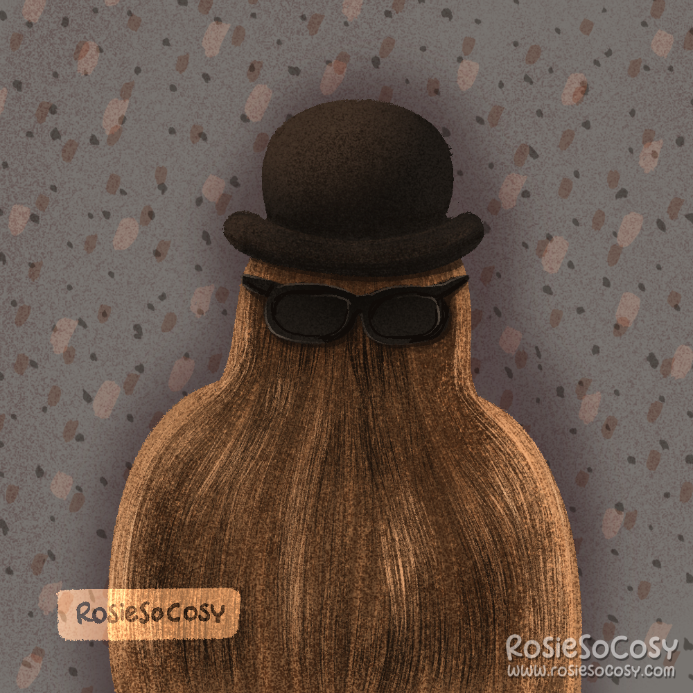 Illustration of hairy Cousin It from The Addams Family. Cousin It is wearing a black bowler hat and black sunglasses.