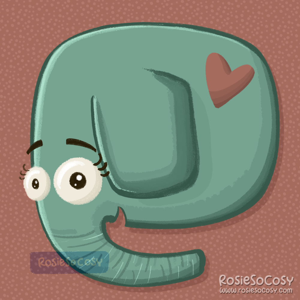 Illustration of a Mastodon inspired sefoam elephant with a dusty pimk heart on its side.