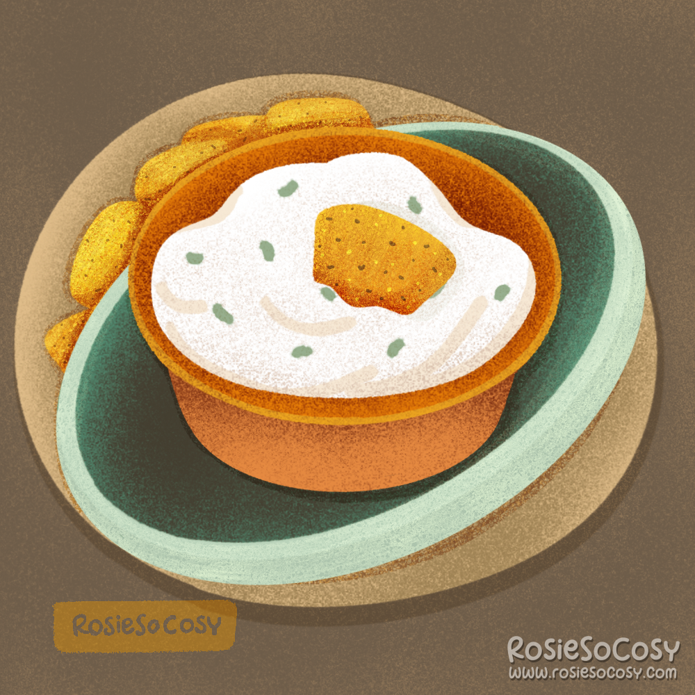 An illustration of a bowl with white dip in it, and nacho cheese tortilla chips on the plate below it.