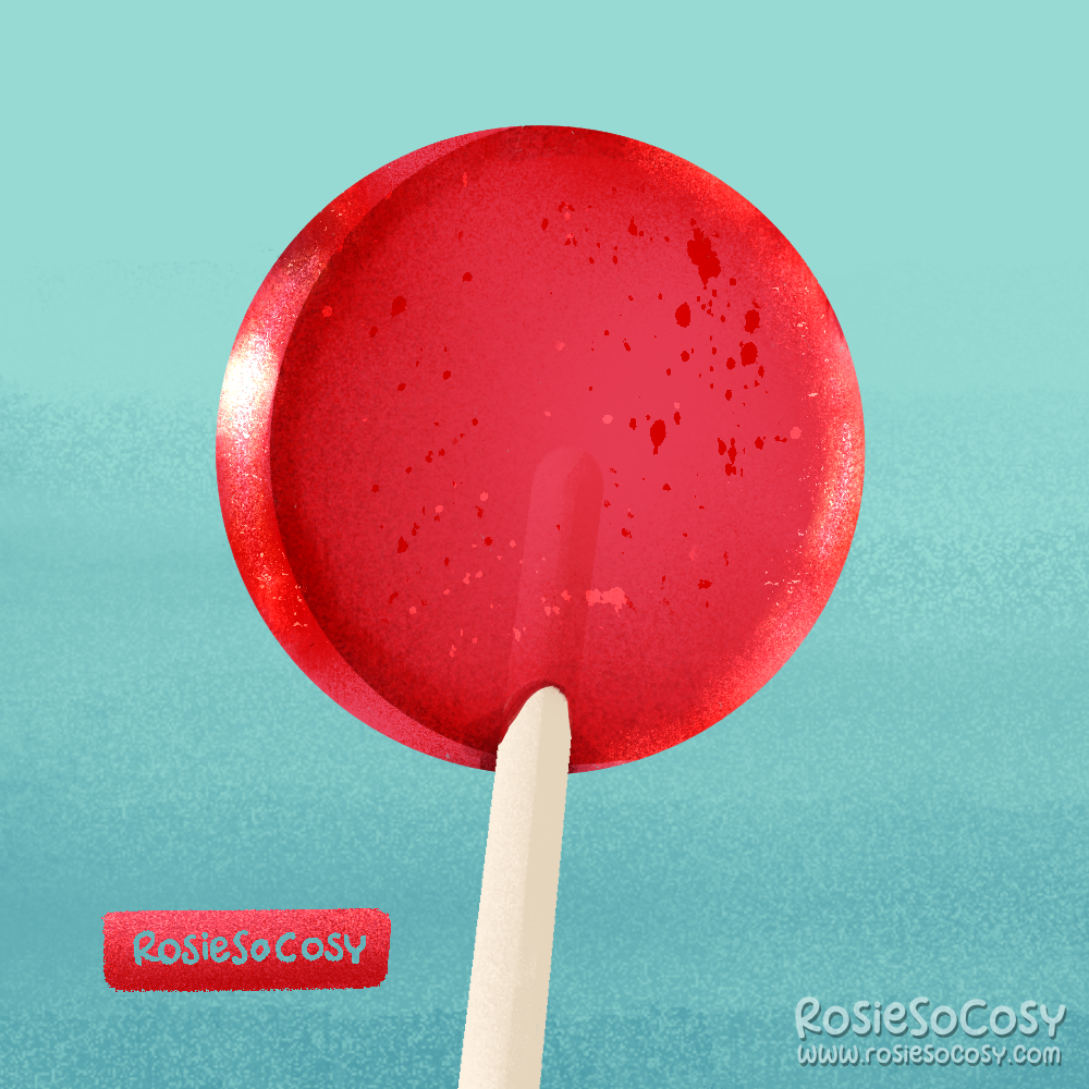 An illustration of a red, round lollipop against the blue (sky) background.