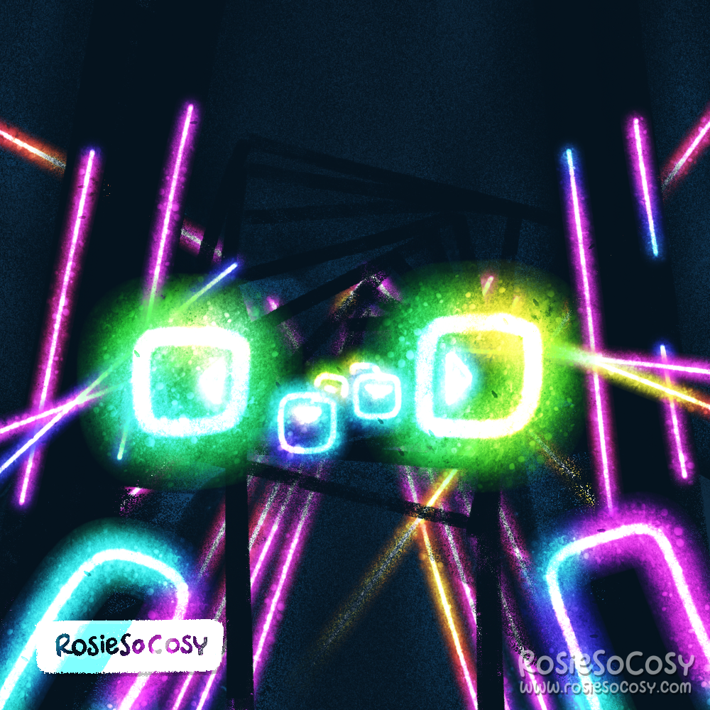 It’s an illustration of a virtual game like Beat Saber, where the player has to smash rythmic blocks in a VR world to the beats of the music.