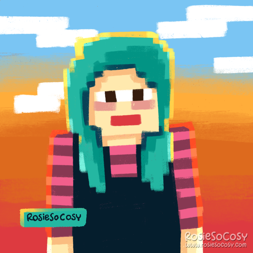 An illustration of a Minecraft character. It’s Rosie. Rosie has a pink striped hoodie, dark blue denim overalls/dungarees and she has a light/medium skin colour, red lips, dark brown eyes and medium long seafoam hair with bangs. Behind Rosie is the sunset with blocky Minecraft clouds.