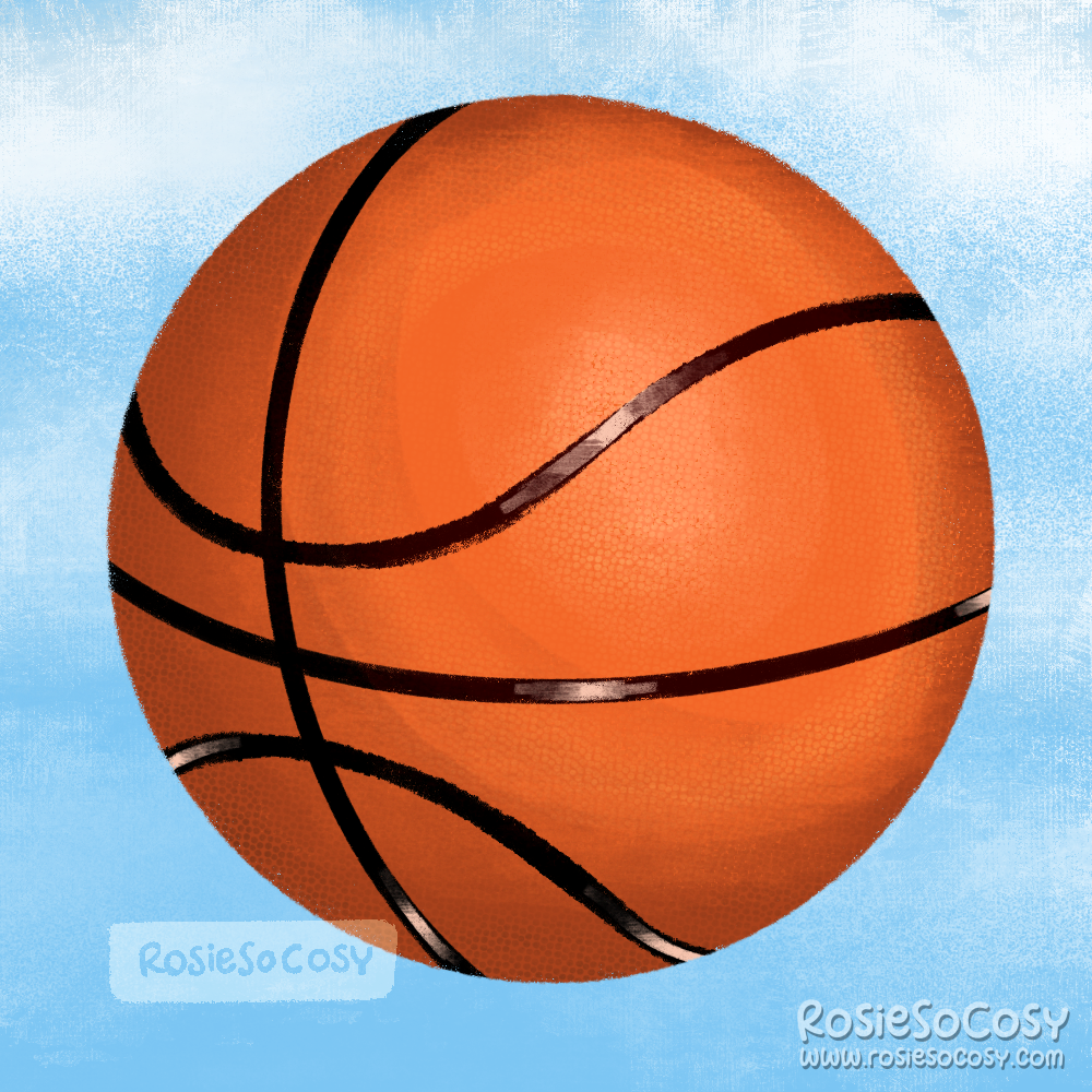 An illustration of a classic orange basketball with black lines. Behind the basketball is a light blue, somewhat cloudy sky.