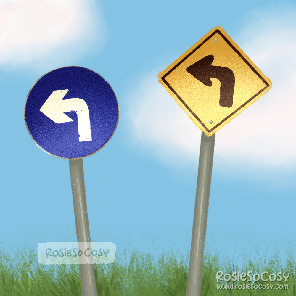 An illustration of two traffic/road signs to indicate a left turn. The one on the oeft is European, a round blue road sign with a white arrow pointing left, while the one on the right is a yellow diamond shaped warning road sign with a black left pointing arrow.
