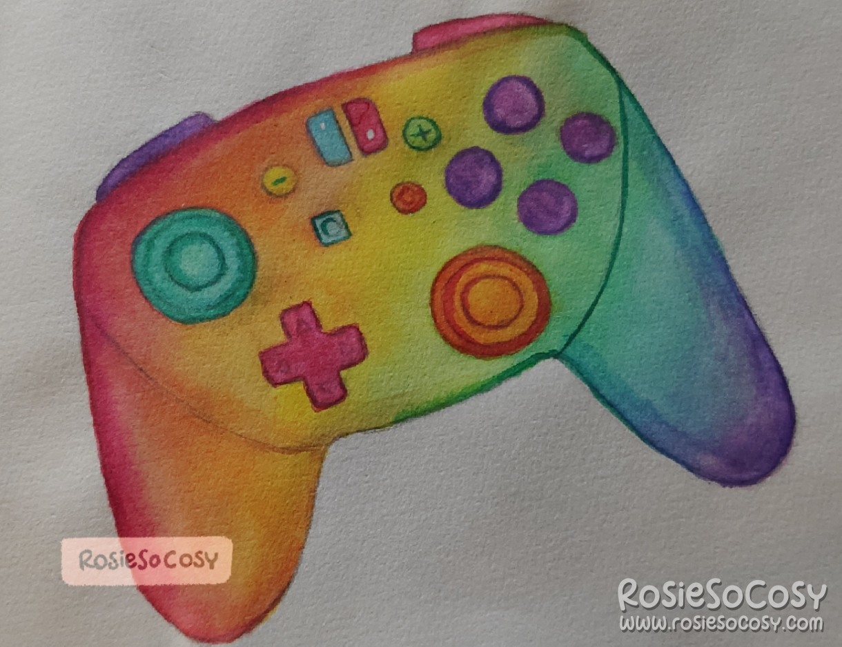 A watercolour painting of a rainbow Nintendo Switch Pro Controller.