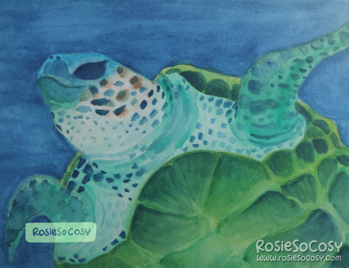 A watercolour painting of a sea turtle swimming underwater.