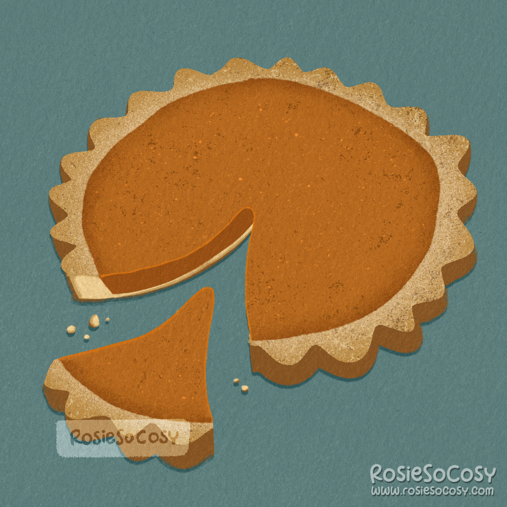 Illustration of a pumpkin pie with a piece of the pie next to it.