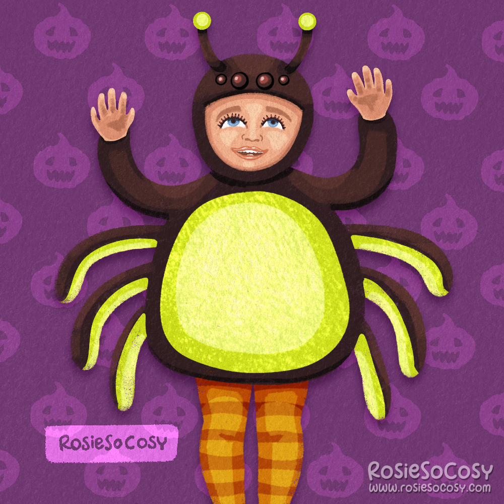 An illustration of a happy child in a black and lime green spider costume.
