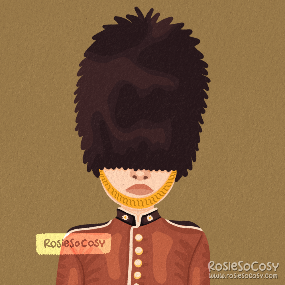 An illustration of a British guard. The guard has a fair skintone and pinkish lips, and is standing tall wearing black bearskin fur military headdress, as well as the typical red uniform with black and white details. 