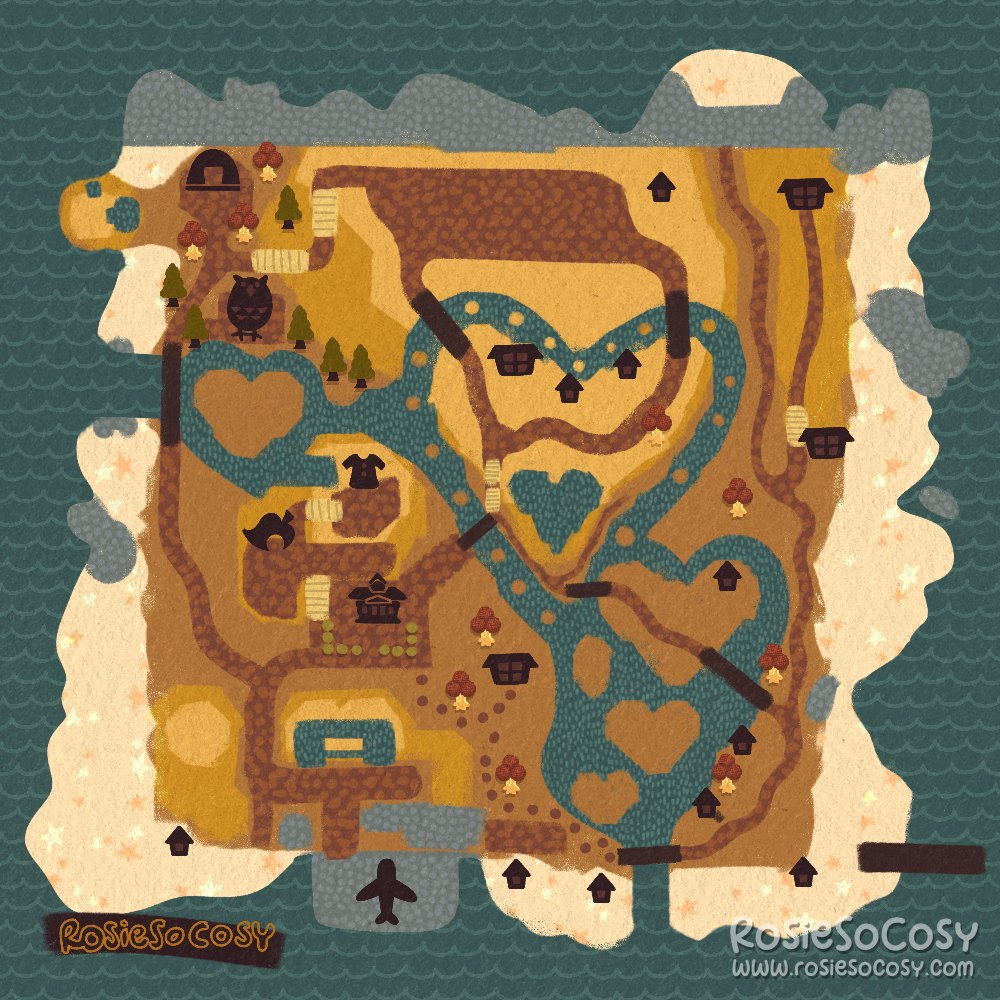 An illustration of a fall themed map of an Animal Crossing: New Horizons island. It is Rosie’s is,and on her first Nintendo Switch, also known as SNW or the hearts island.