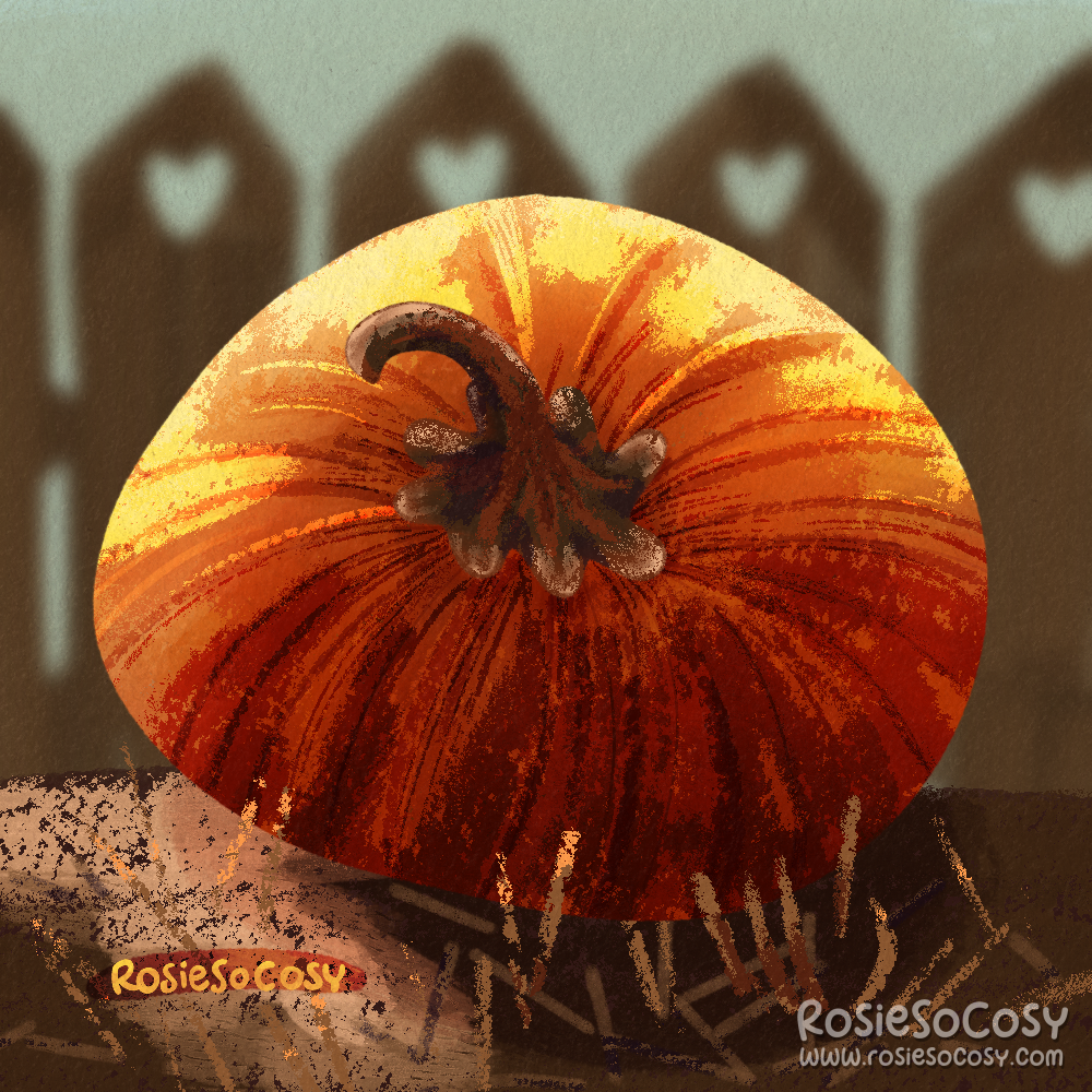 An illustration of a plump orange pumpkin on the ground. In the background there is a blurred brown fence with hearts.