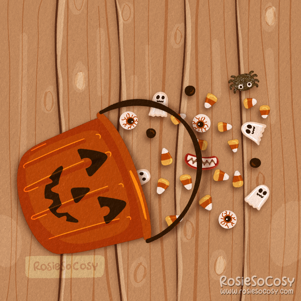 An illustration of an orange Halloween candy bucket on its side, on a wooden floor, with Halloween candy scattered all over the floor next to it. Candy corn, little white ghosts, black spoders, licorice, vampire teeth gummy candy and eyeballs bubblegum.