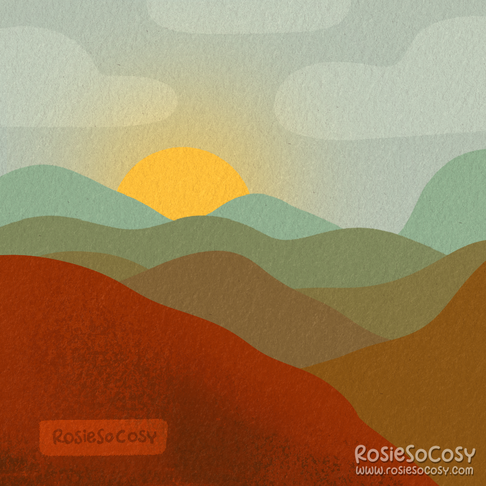 An illustration of a mountain view, with autumn colours and a sunset in the background.