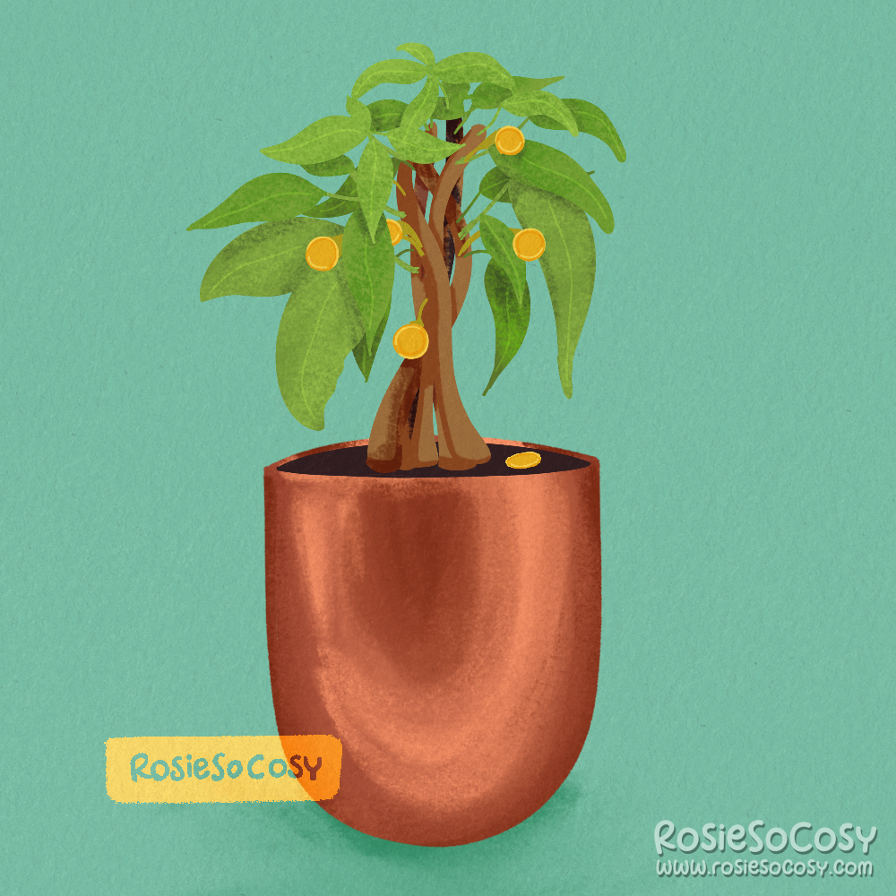 An illustration of a tiny, baby money plant, with yellow coins in it.