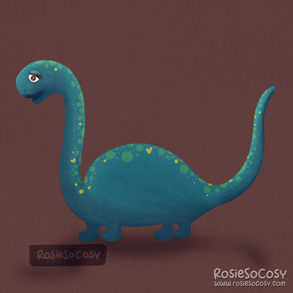 An illustration of a teal, cute, wonky dinosaur with green spots on its back. The dinosaur has some similarities to a brachiosaurus.
