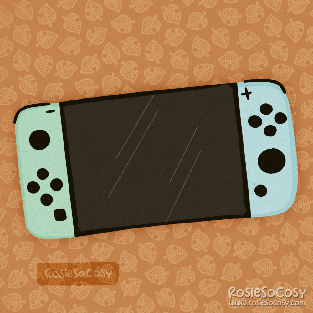 An illustration of a Nintendo Switch console, Animal Crossing edition.