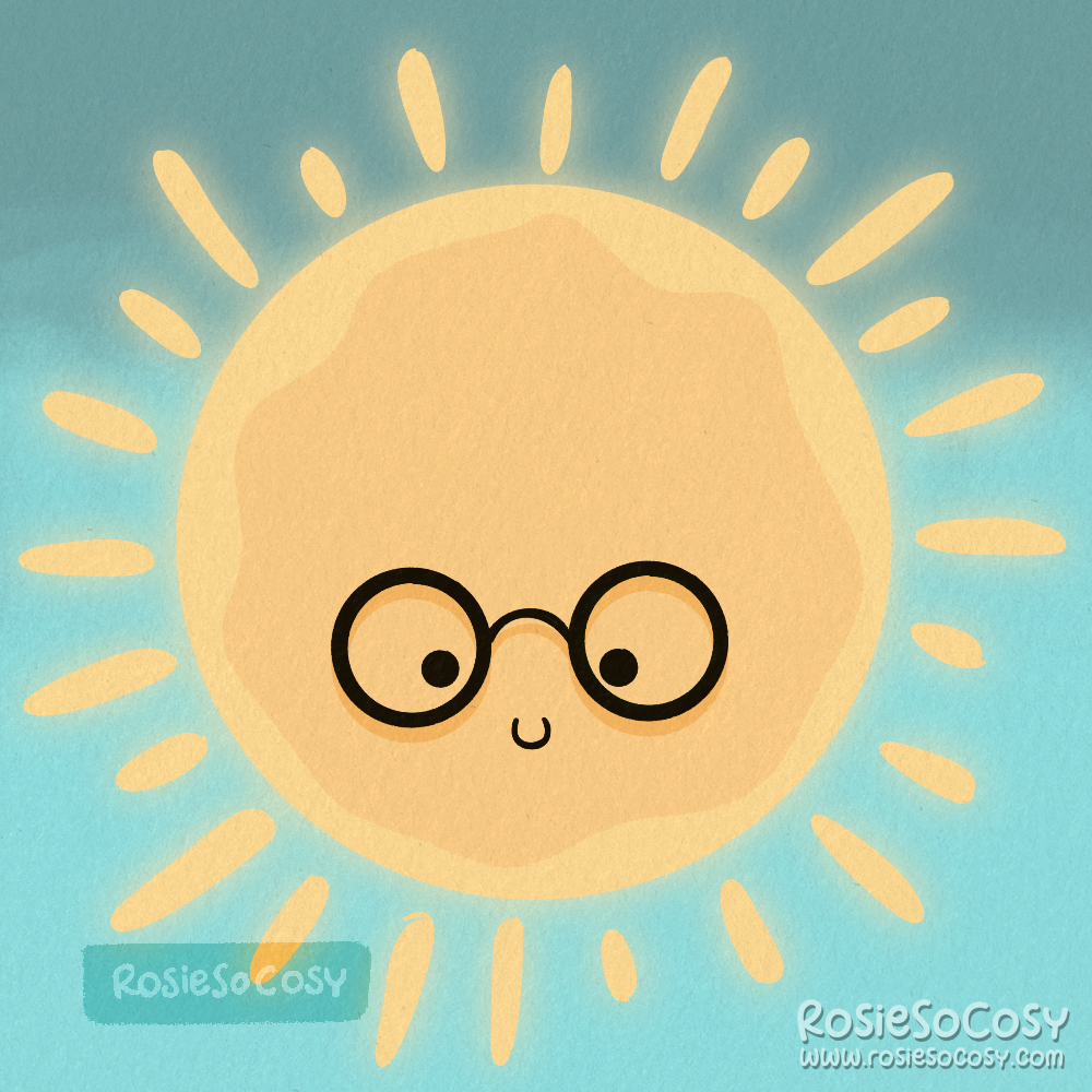 An illustration of a big yellow sun character, wearing really dark round framed glasses. The sky is bright blue.