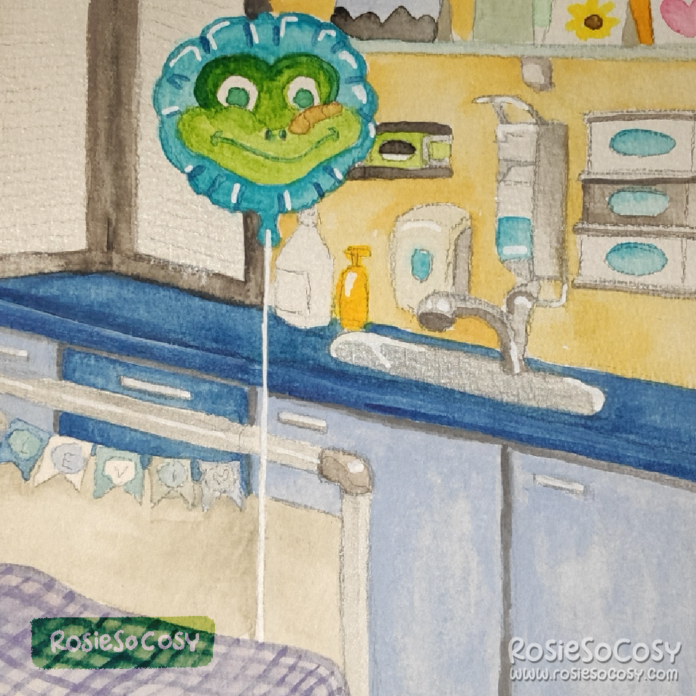 An illustration done in watercolour paint. In the painting there is a yellow and dark blue hospital room, with a froggy helium balloon hanging above the bed.