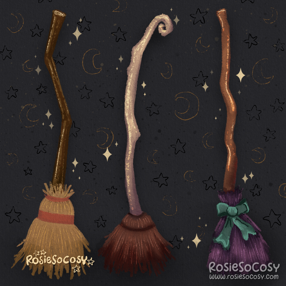 An illustration of 3 witch's brooms. The left one has a dark wooden branch with light brown twigs at the end, with red details. The second broom is a pale creamy branch with reddish brown twigs at the end. The third broom has a medium wooden branch with purple twigs and a turquoise bow around it. The background is very dark blue with yellow moons and even darker blue stars. The brooms are surrounded by sparkles, as if magical.