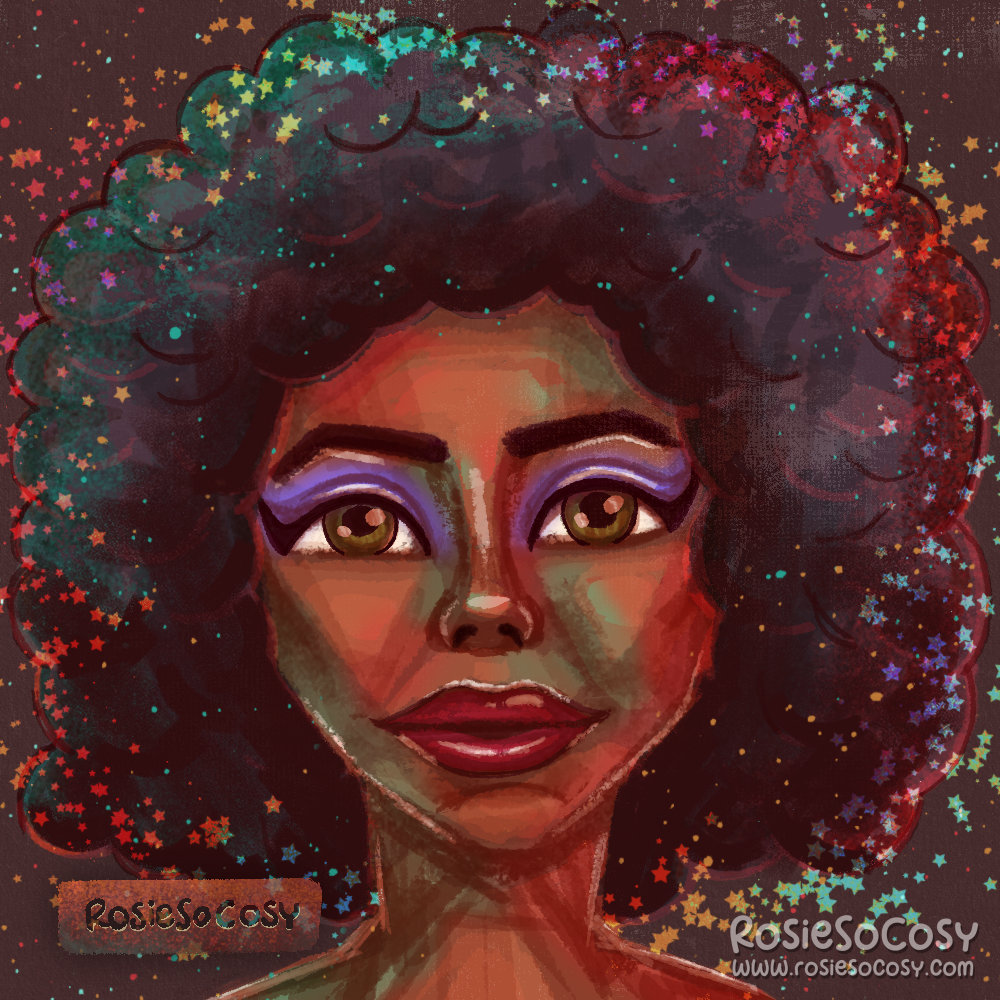 An illustration of a black woman with a beautiful afro hairdo. She has purple eyeshadow on her eyelids, dark red lips and colourful rainbow like sparkly stars all around her.