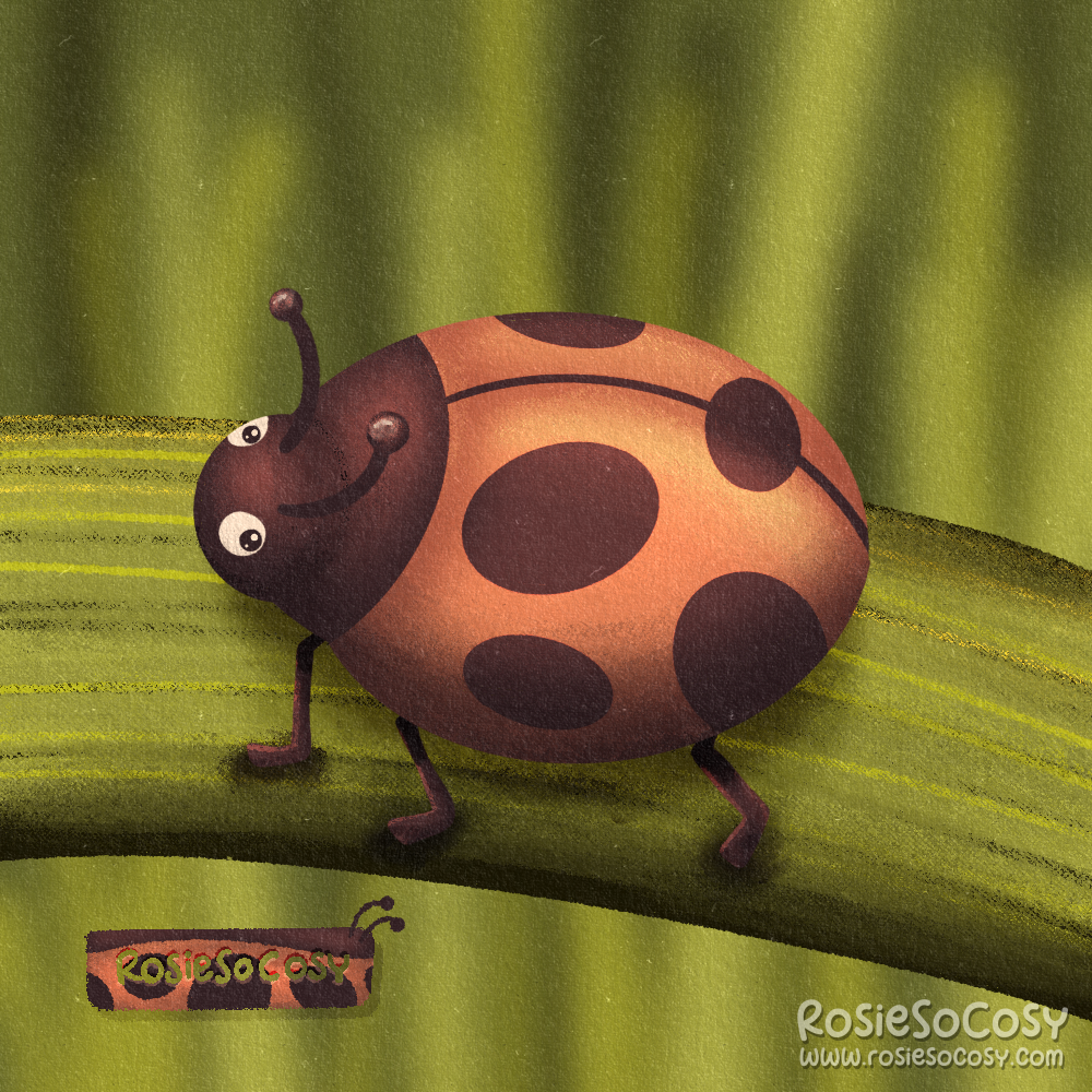 An illustration of a red ladybug with black spots. The ladybug is walking on a small, tall green leaf. The background is blurred out, implying other grassy leaves like the one it’s sitting on.