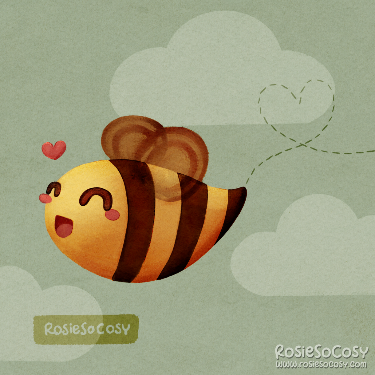 An illustration of a cute yellow and very dark brown striped bee, with happy closed eyes and a happy little grin. The sky is seafoam and has a heart trail behind the bee.