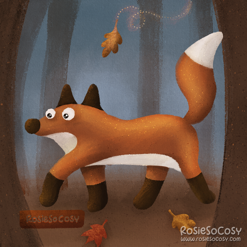 An illustration of an orange fox in a magical forest. There is a leaf falling down, and a few leaves on the ground.