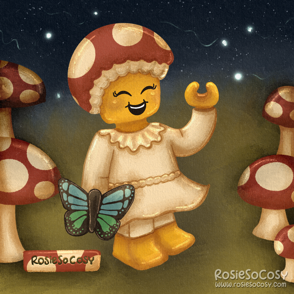 Illustration of a Mushroom Sprite LEGO minifig, holding a black and blue butterfly accessory. The mushroom sprite is surrounded by mushrooms. It’s night time, and in the background is the dark blue sky with faint stars and fireflies.