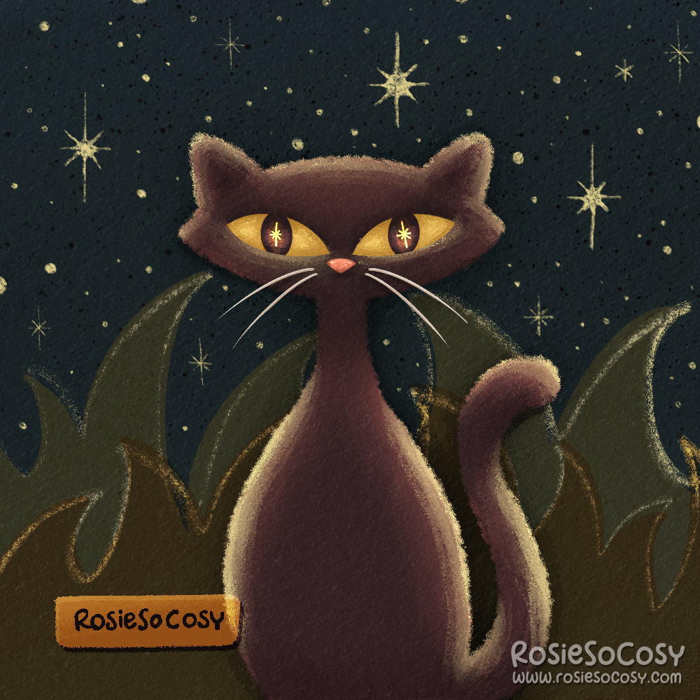 An illustration of a retro, 50s, googie, mid-century modern, atomic style cat. It is a very dark brown, withyellow, starry eyes. It’s nighttime. There are plenty of stars in the background.