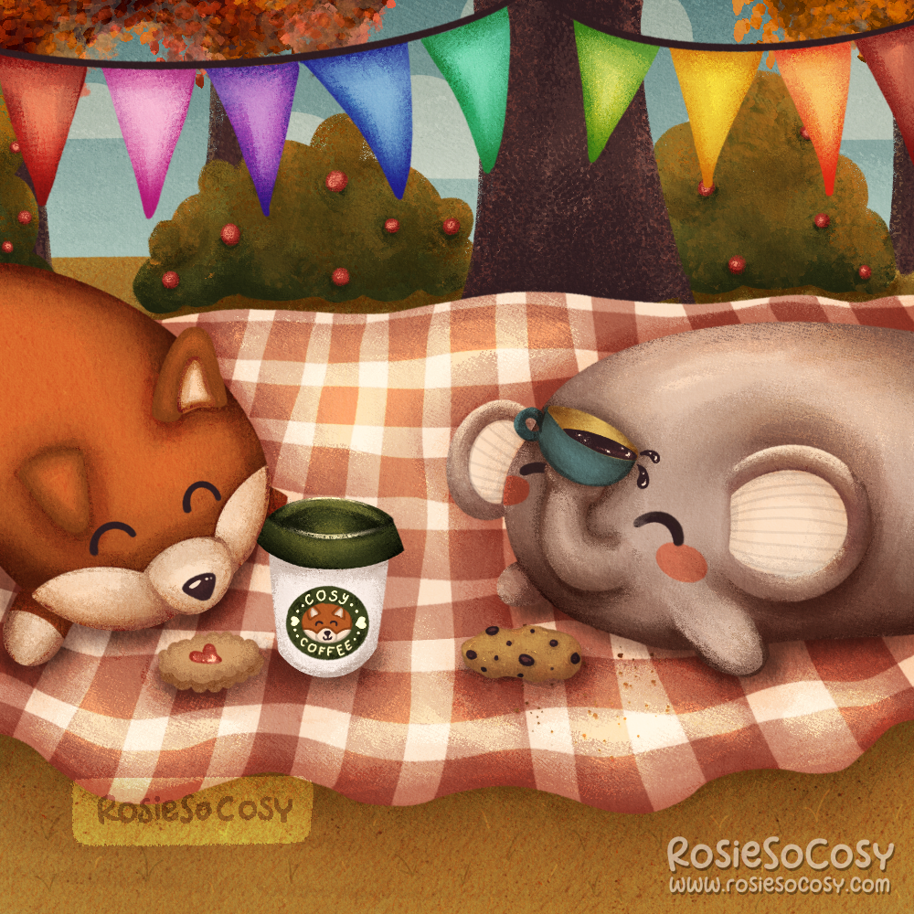 An illustration of a fox and an elephant sitting on a red and white plaid on the grass in the forest or park. Fox is having a cosy coffee to go, and a Jammie Dodger, and Elephant his trying to pick up a turquoise cup of coffee, accidentally spilling some. Elephant has a crumbly chocolate chip cookie on the blanket. The forest has autumnal colours. Fox and Elephant are celebrating something, as there are bunting flags hanging from the trees in all the colours of the rainbow.