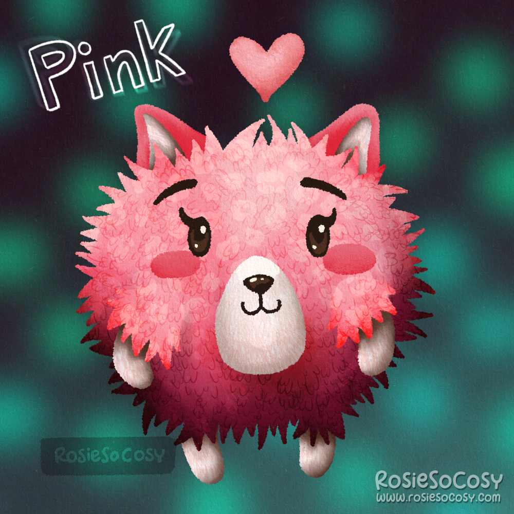 Illustration of a VERY pink, cute cat plush, on a seafoam disco background.